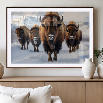 56701-MGV-CV-36X24-Bison Herd Wall Art – Buffalo Walking in Snowy Mountains Canvas Print, Rustic Wildlife Decor for Cabin, Lodge, or Living Room