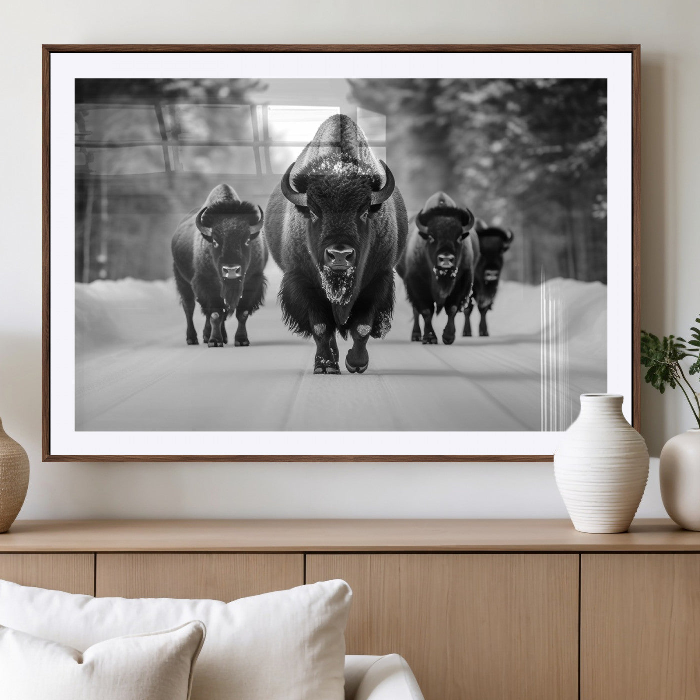 45287-MGV-CV-36X24-Bison Herd Wall Art – Black and White Buffalo Snow Road Canvas Print, Rustic Wildlife Decor for Cabin, Lodge or Living Room