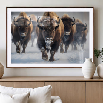 80512-MGV-CV-36X24-Bison Herd Wall Art – Buffalo Running in Snow Canvas Print, Rustic Wildlife Photography Decor for Cabin, Lodge, or Living Room