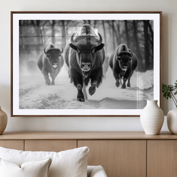 97552-MGV-CV-36X24-Black and White Bison Wall Art – Buffalo Herd Running in Snow Canvas Print, Rustic Wildlife Photography Decor for Cabin, Lodge, or