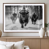 97552-MGC-FP-36x24_Walnut-Black and White Bison Wall Art – Buffalo Herd Running in Snow Canvas Print, Rustic Wildlife Photography Decor for Cabin, Lodge, or