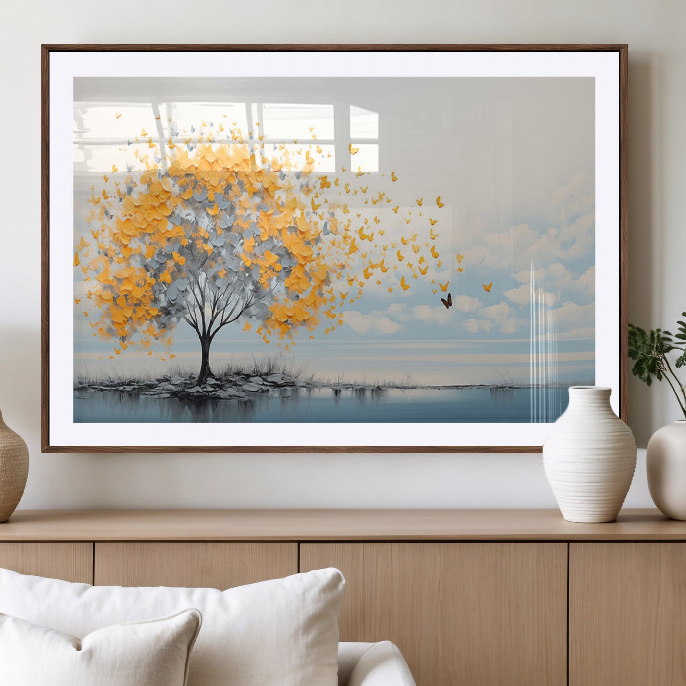 23385-MGV-CV-36X24-Golden Butterfly Tree Wall Art – Abstract Yellow and Gray Canvas Print, Modern Nature Artwork for Living Room, Bedroom or Office