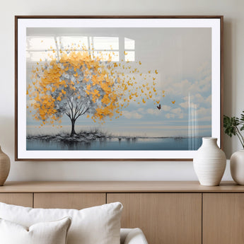 23385-MGV-CV-36X24-Golden Butterfly Tree Wall Art – Abstract Yellow and Gray Canvas Print, Modern Nature Artwork for Living Room, Bedroom or Office