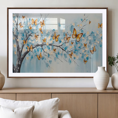 59455-MGV-CV-36X24-Butterfly Tree Branch Wall Art – Blue and Yellow Abstract Canvas Print, Modern Nature Artwork for Living Room, Bedroom or Office