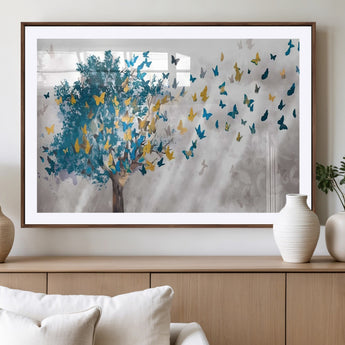 37564-MGV-CV-36X24-Butterfly Tree Wall Art – Modern Nature Canvas Print with Blue and Golden Butterflies, Elegant Decorative Painting for Living Room