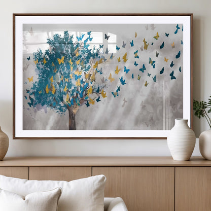 37564-MGV-CV-36X24-Butterfly Tree Wall Art – Modern Nature Canvas Print with Blue and Golden Butterflies, Elegant Decorative Painting for Living Room