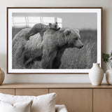 76338-MGV-CV-36X24-Mother Bear and Cub Wall Art – Black and White Wildlife Canvas Print, Rustic Nature Photography for Cabin, Living Room or Office