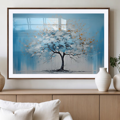25021-MGV-CV-36X24-Abstract Tree Wall Art – Blue and White Canvas Painting with Gold Accents, Modern Nature-Inspired Artwork for Living Room, Bedroom