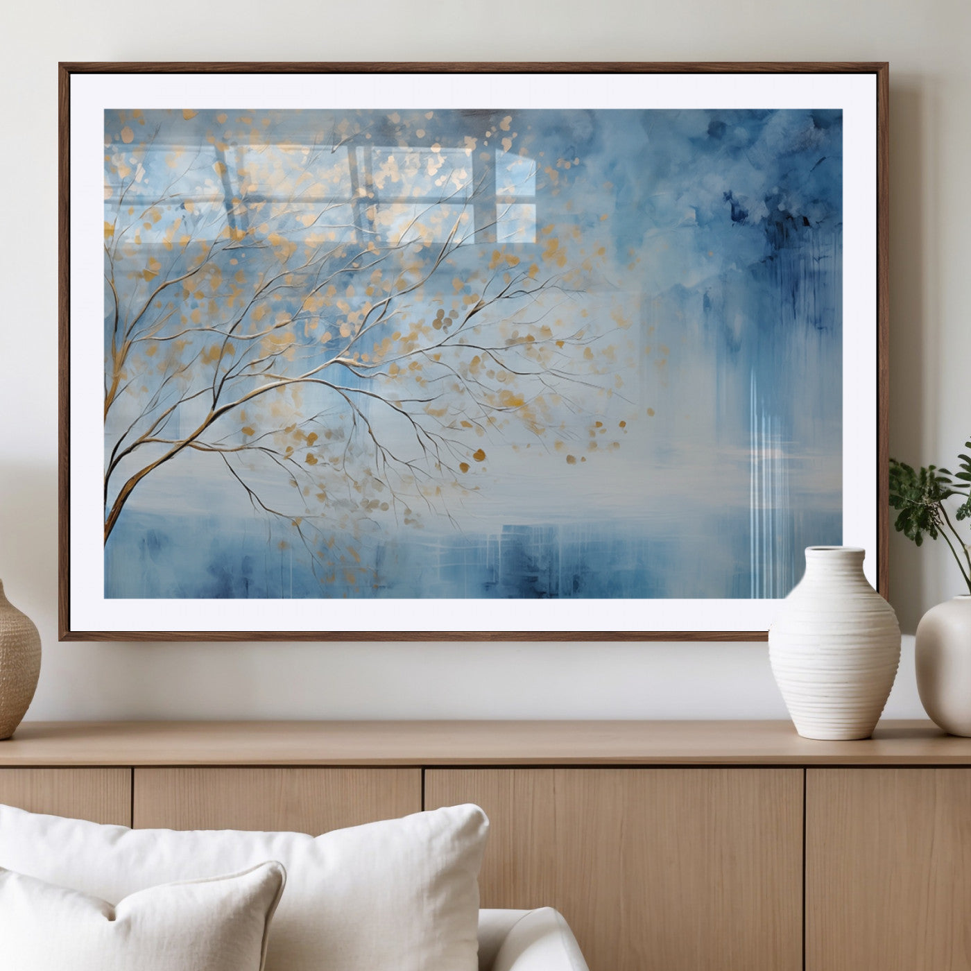 23891-MGV-CV-36X24-Abstract Tree Wall Art – Minimalist Blue and Gold Canvas Painting, Elegant Nature-Inspired Artwork for Living Room, Bedroom or