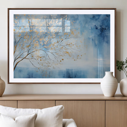 23891-MGV-CV-36X24-Abstract Tree Wall Art – Minimalist Blue and Gold Canvas Painting, Elegant Nature-Inspired Artwork for Living Room, Bedroom or