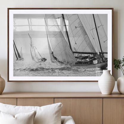 Boat-1-MGV-CV-36X24-Sailboat Racing Wall Art – Nautical Black and White Canvas Print, Ocean Adventure Decor for Office, Living Room or Bedroom