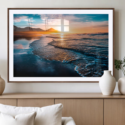 26494-MGV-CV-36X24-Ocean Sunset Wall Art – Scenic Beach Canvas Print with Waves and Mountains, Coastal Seascape Photography for Living Room, Bedroom