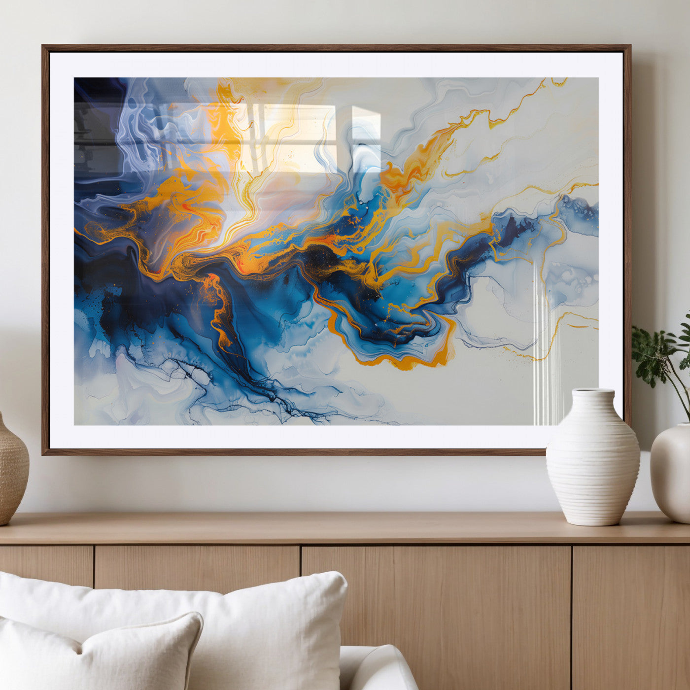 83720-MGV-CV-36X24-Abstract Fluid Wall Art – Blue, White and Gold Swirl Canvas Painting, Modern Contemporary Artwork for Living Room, Bedroom or