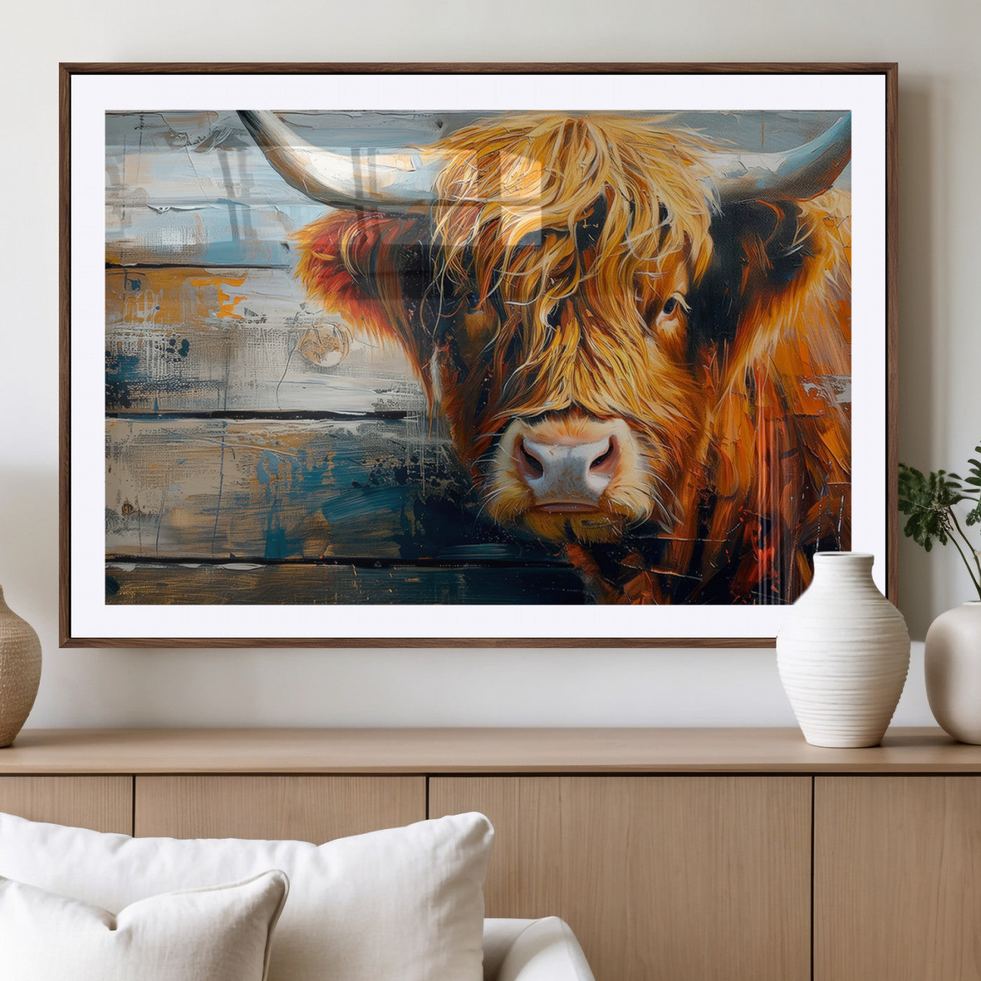 92312-MGV-CV-36X24-Highland Cow Wall Art – Rustic Farmhouse Canvas Print with Colorful Brush Strokes, Western Country Decor for Living Room, Bedroom