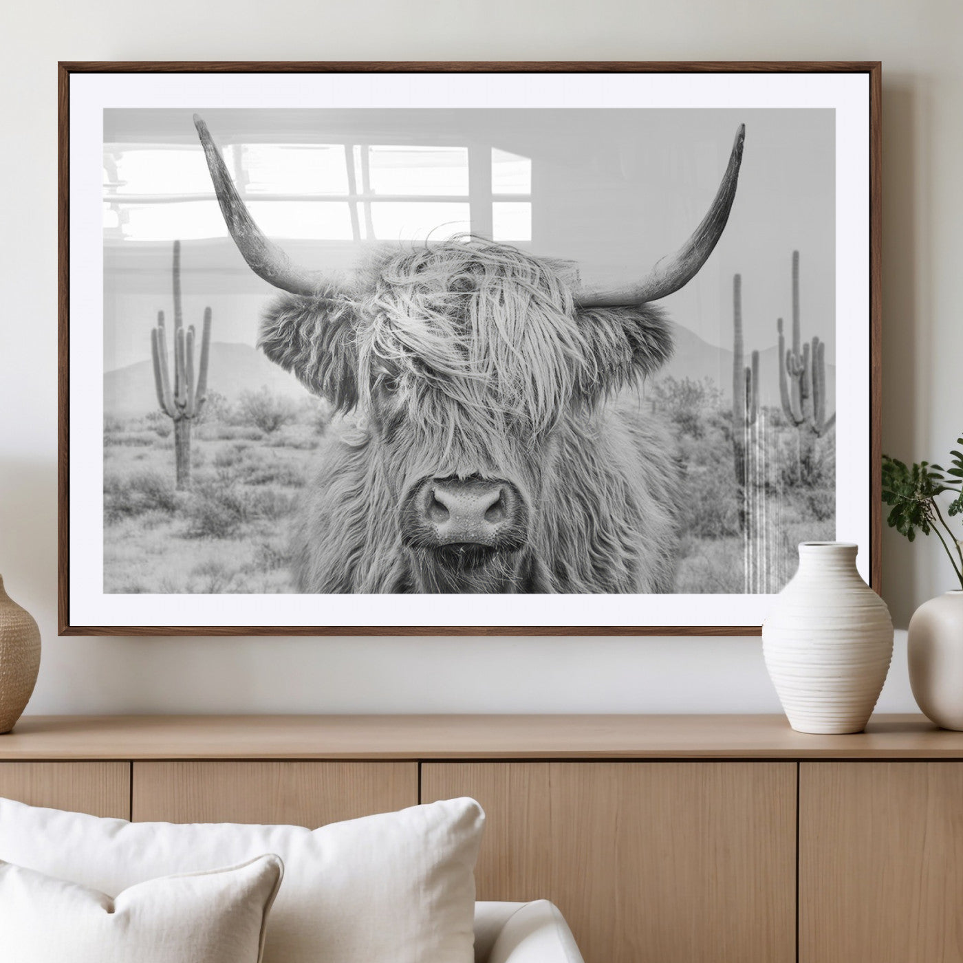 94579-MGV-CV-36X24-Highland Cow Wall Art – Black and White Longhorn Canvas Print, Rustic Western Farmhouse Animal Photography for Living Room,