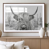 94579-MGV-CV-36X24-Highland Cow Wall Art – Black and White Longhorn Canvas Print, Rustic Western Farmhouse Animal Photography for Living Room,