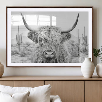 94579-MGV-CV-36X24-Highland Cow Wall Art – Black and White Longhorn Canvas Print, Rustic Western Farmhouse Animal Photography for Living Room,