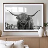 58188-MGV-CV-36X24-Highland Cow Wall Art – Black and White Rustic Farmhouse Canvas Print, Longhorn Cattle Photography Decor for Living Room or