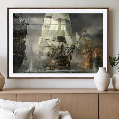 26512-MGV-CV-36X24-Naval Battle Wall Art – Dramatic Tall Ship Canvas Print, Historic Pirate Sailing War Scene, Nautical Decor for Office, Study or