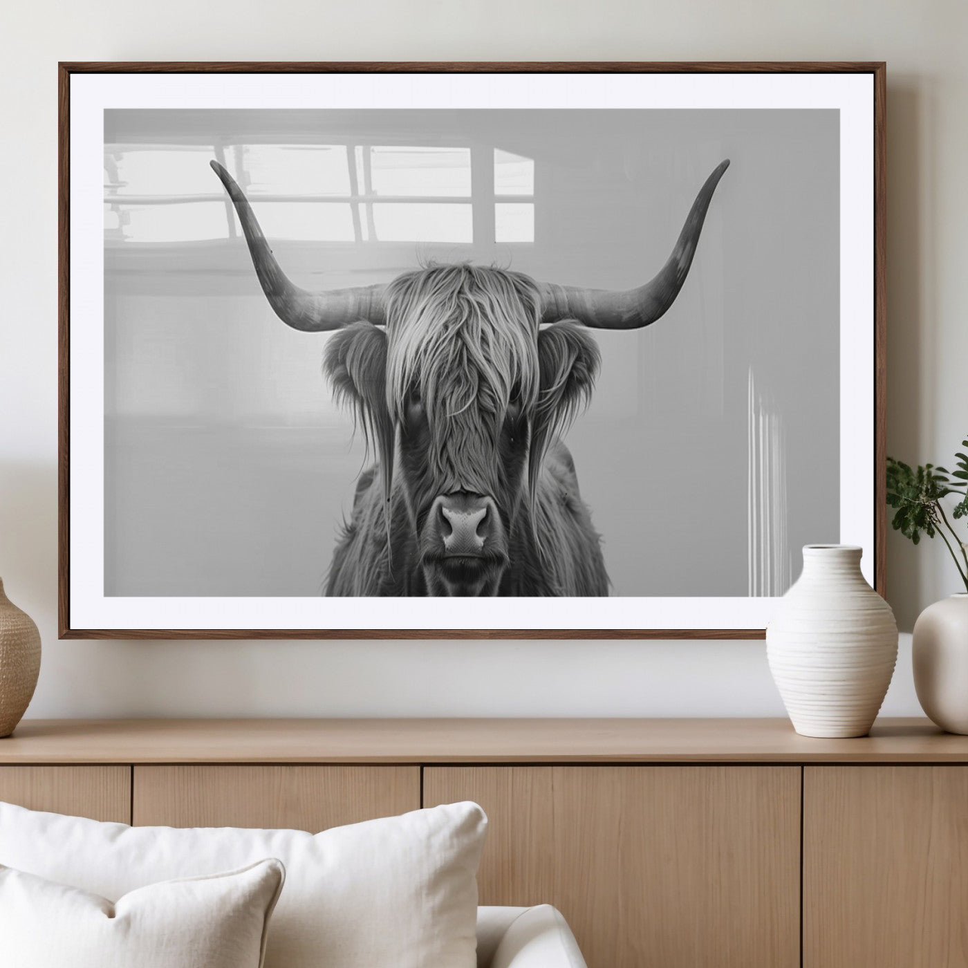35820-MGV-CV-36X24-Minimalist Highland Cow Wall Art – Black and White Longhorn Cattle Canvas Print, Modern Farmhouse Animal Photography Decor for