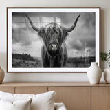 17924-MGV-CV-36X24-Highland Cow Wall Art – Black and White Rustic Longhorn Cattle Canvas Print, Farmhouse Animal Photography Decor for Country Home