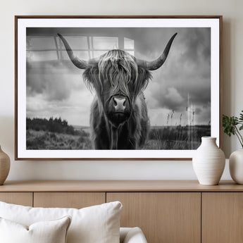 17924-MGV-CV-36X24-Highland Cow Wall Art – Black and White Rustic Longhorn Cattle Canvas Print, Farmhouse Animal Photography Decor for Country Home