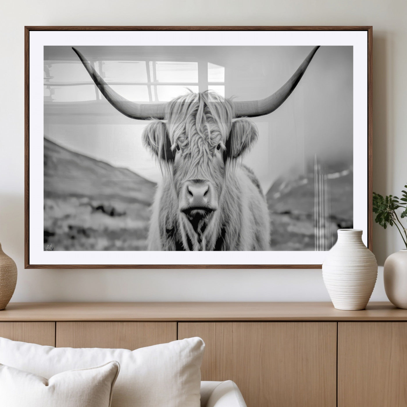 80564-MGV-CV-36X24-Highland Cow Wall Art – Black and White Scottish Highland Canvas Print, Rustic Farmhouse Decor for Living Room, Bedroom or Office