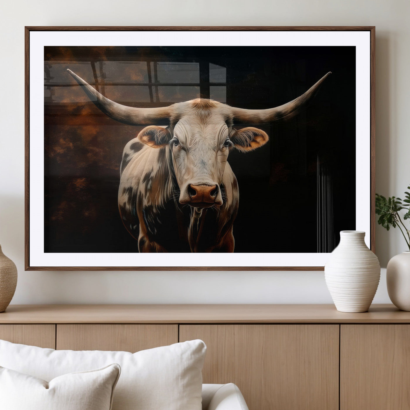 70522-MGV-CV-36X24-Longhorn Bull Wall Art – Striking Canvas Print of Majestic Bull, Premium Animal Decor for Home, Office, Man Cave, or Living Room