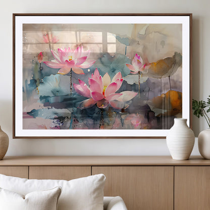 27936-MGV-CV-36X24-Lotus Pond Wall Art – Watercolor Pink Lotus Flowers Canvas Print, Tranquil Botanical Artwork for Bedroom, Living Room or