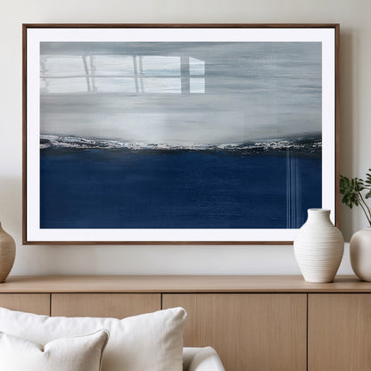 62197-MGC-FP-36x24_Walnut-Abstract Ocean Wall Art – Minimalist Blue and White Canvas Print, Modern Coastal Seascape Painting for Bedroom, Living Room or