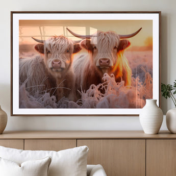 68253-MGV-CV-36X24-Highland Cow Wall Art – Rustic Farmhouse Cattle Canvas Print, Frosty Sunset Animal Artwork for Living Room, Bedroom or Country
