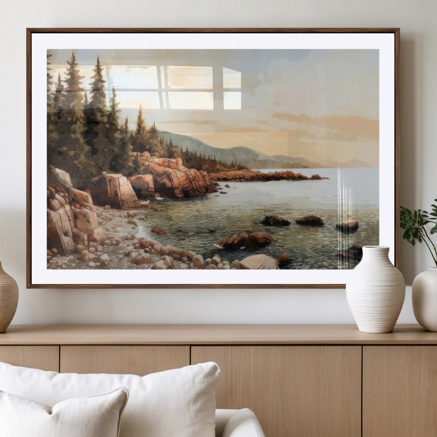 77145-MGC-FP-36x24_Walnut-Coastal Landscape Wall Art – Panoramic Rocky Shoreline and Pine Trees Canvas Print, Rustic Nature Decor for Cabin, Lodge, Office,