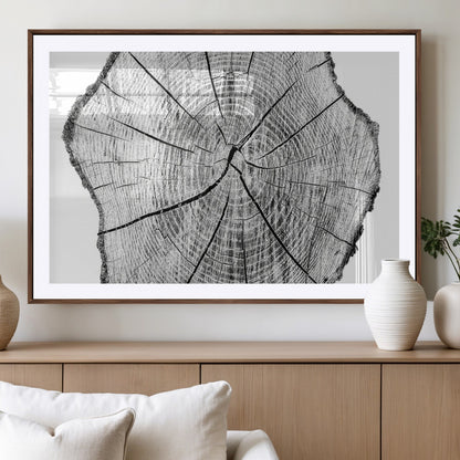 98709-MGC-FP-36x24_Walnut-Tree Ring Wall Art – Black and White Canvas Print Rustic Wood Cross Section, Minimal Nature Inspired Decor for Living Room,