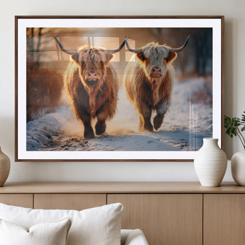 94810-MGV-CV-36X24-Highland Cow Wall Art – Rustic Canvas Print Two Cattle Snow Path Sunset, Farmhouse Country Decor for Living Room, Bedroom, Office,
