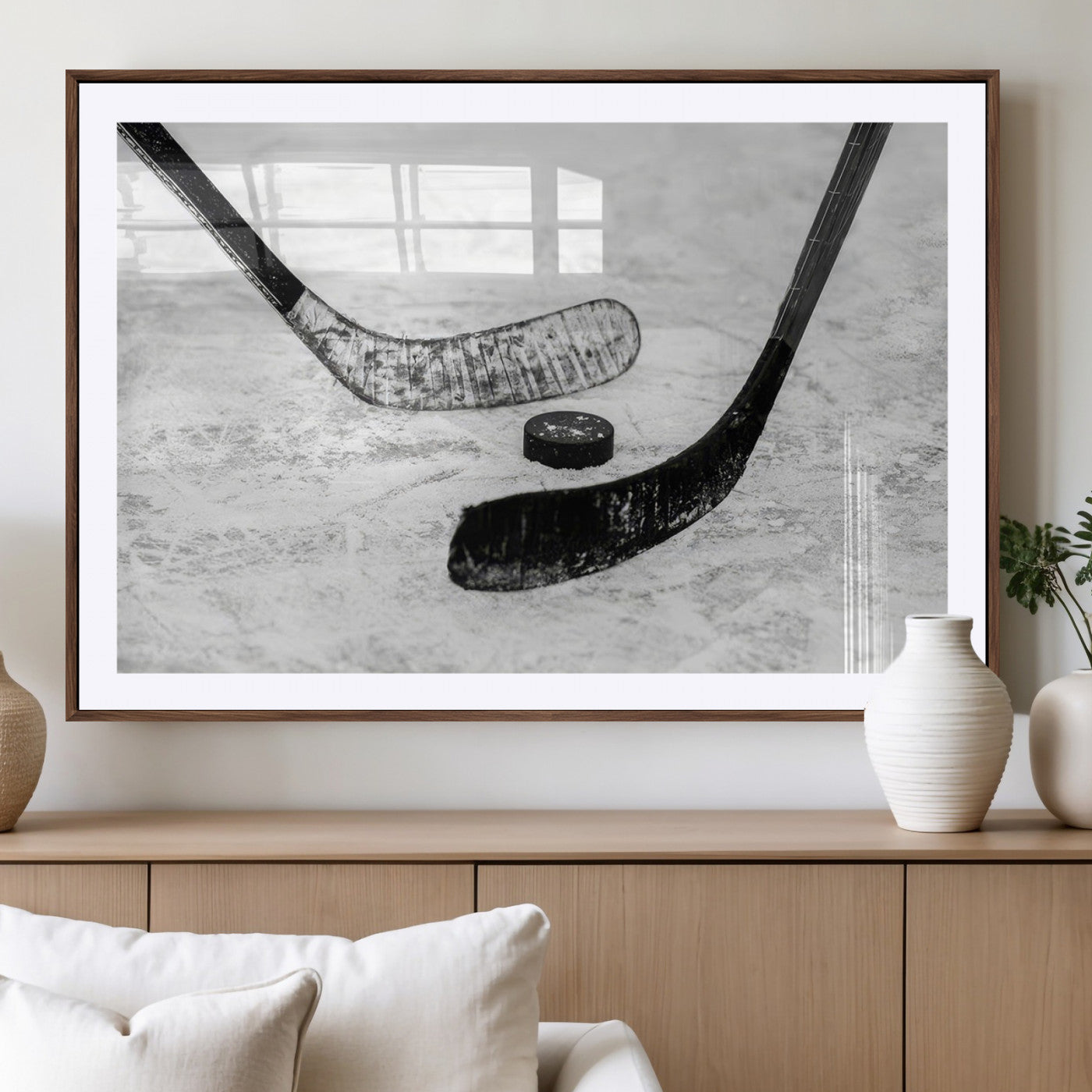 82900-MGV-CV-36X24-Hockey Wall Art – Black and White Canvas Print Ice Rink Sticks Puck Sports Photography, Modern Decor for Game Room, Man Cave,