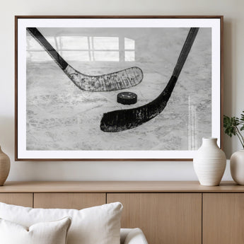 82900-MGV-CV-36X24-Hockey Wall Art – Black and White Canvas Print Ice Rink Sticks Puck Sports Photography, Modern Decor for Game Room, Man Cave,
