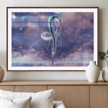 66864-MGC-FP-36x24_Walnut-Fantasy Dragon Wall Art – Mystical Canvas Print Girl and Sky Serpent Dreamlike Clouds, Magical Anime Inspired Decor for Living