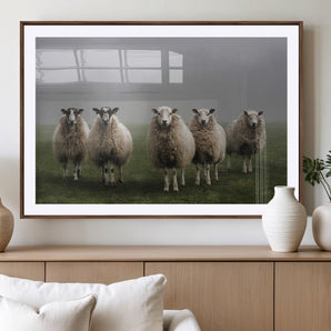 87339-MGC-FP-36x24_Walnut-Sheep Wall Art – Rustic Farmhouse Canvas Print Flock Standing Misty Field Countryside Photography, Country Animal Decor for Living