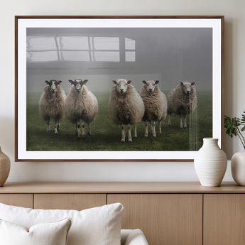87339-MGC-FP-36x24_Walnut-Sheep Wall Art – Rustic Farmhouse Canvas Print Flock Standing Misty Field Countryside Photography, Country Animal Decor for Living