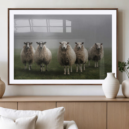 87339-MGC-FP-36x24_Walnut-Sheep Wall Art – Rustic Farmhouse Canvas Print Flock Standing Misty Field Countryside Photography, Country Animal Decor for Living
