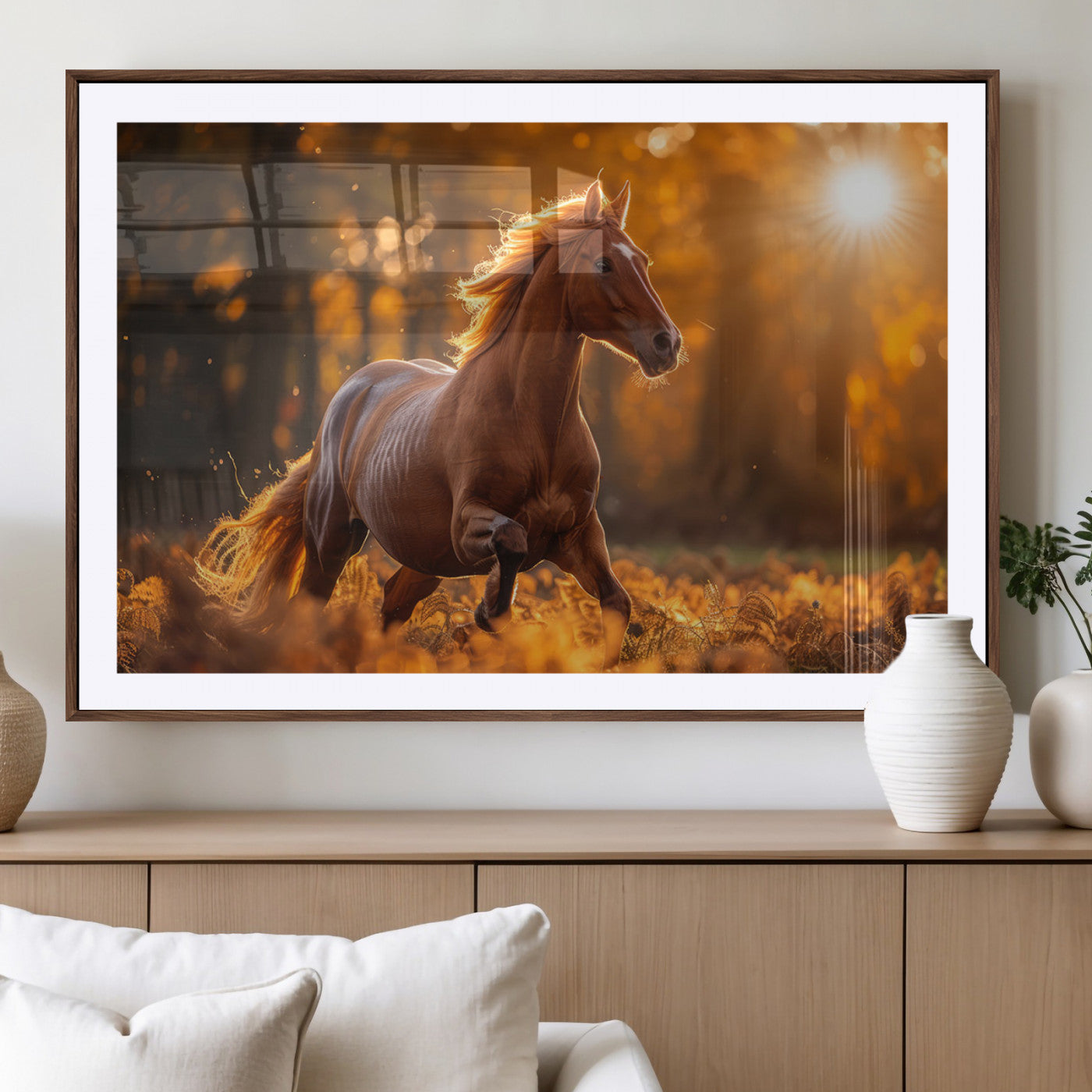 92144-MGV-CV-36X24-Sunset Horse Wall Art Canvas Print, Framed Horse Barn Art Picture Print, Majestic Horse Perfect Rustic Farmhouse Decor Artwork