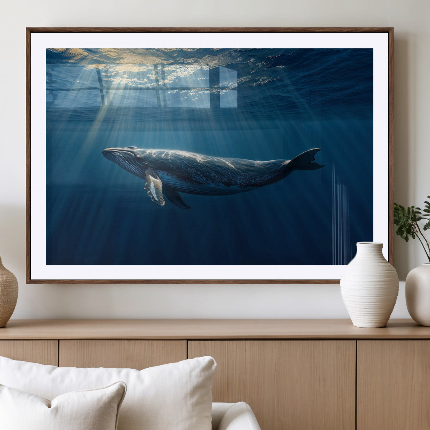18052-MGC-FP-36x24_Walnut-Whale Wall Art – Majestic Ocean Canvas Print Marine Life Underwater Sunlight Scene, Nautical Coastal Decor for Living Room,