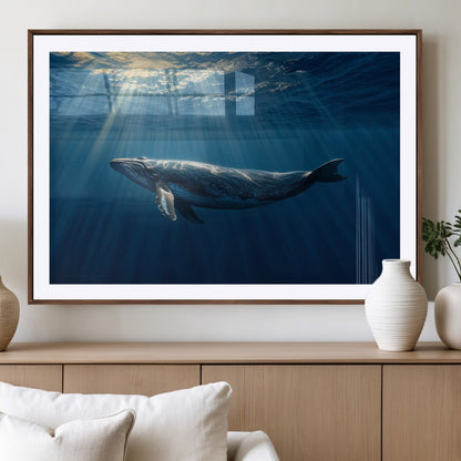 18052-MGC-FP-36x24_Walnut-Whale Wall Art – Majestic Ocean Canvas Print Marine Life Underwater Sunlight Scene, Nautical Coastal Decor for Living Room,