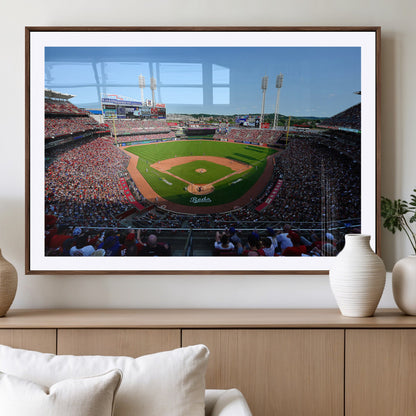 90998-MGV-CV-36X24-Baseball Stadium Wall Art – Canvas Print Day Game Field Packed Crowd Bright Blue Sky Sports Photography, Classic Decor for Game