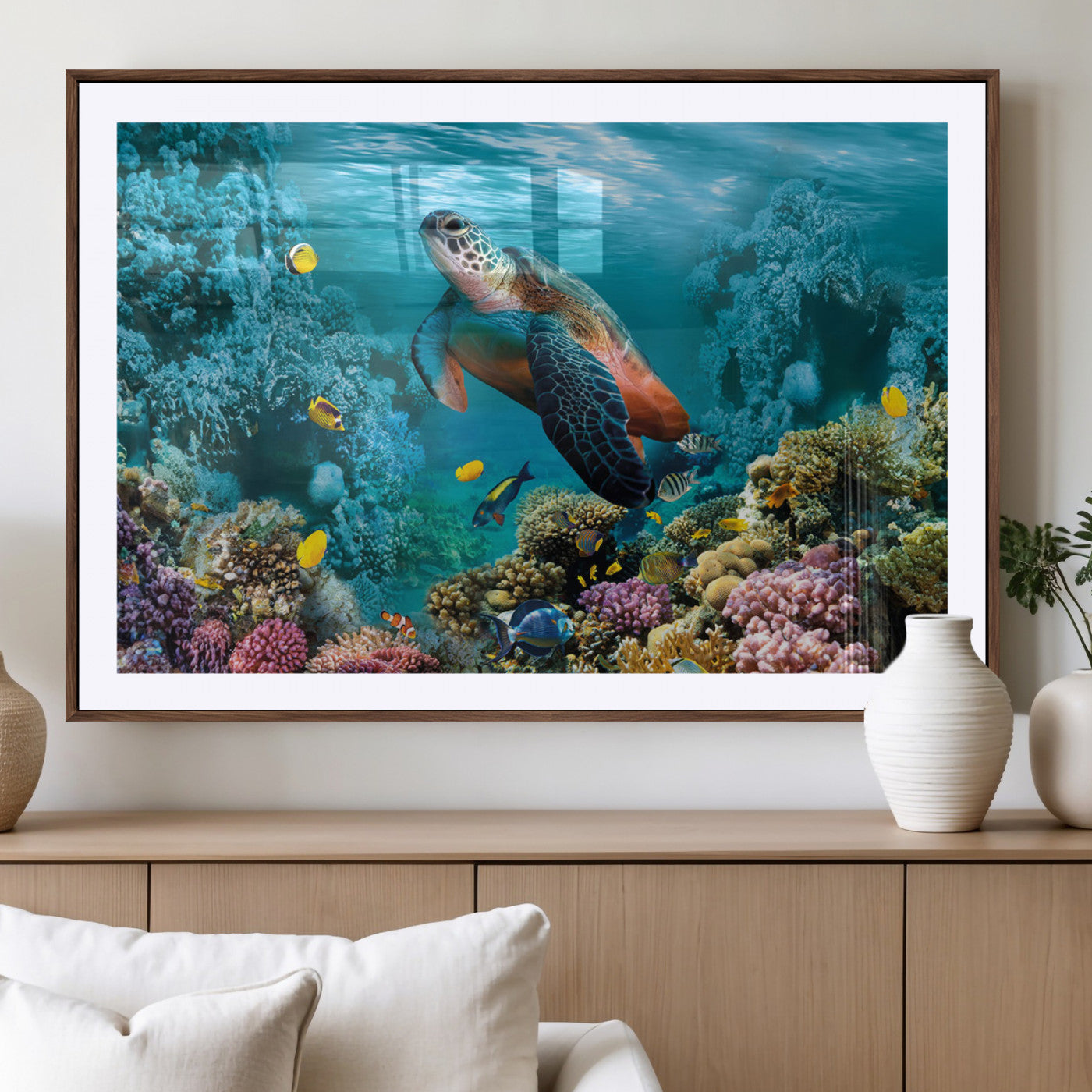 38661-MGC-FP-36x24_Walnut-Sea Turtle Wall Art Canvas Print, Framed Ocean Wildlife Art Picture Print, Turtle Perfect Coastal Nature Decor Artwork