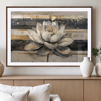 18807-MGC-FP-36x24_Walnut-Lotus Flower Wall Art Canvas Print, Framed Abstract Lotus Art Picture Print, White Lotus Flower Perfect Abstract Floral Decor
