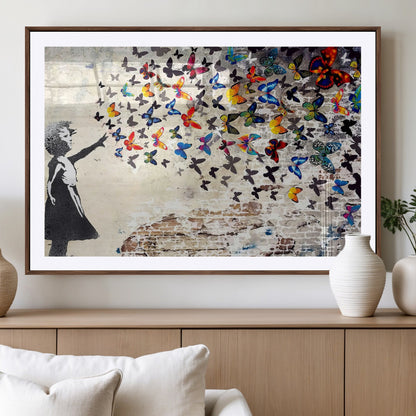 97895-MGV-CV-36X24-Girl with Butterflies Wall Art – Colorful Street Art Style Canvas Print, Modern Graffiti-Inspired Butterfly Artwork for Living