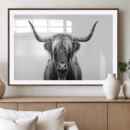 49556-MGV-CV-36X24-Highland Cow Wall Art – Black and White Scottish Highland Cattle Print, Rustic Farmhouse Minimalist Animal Portrait Canvas for