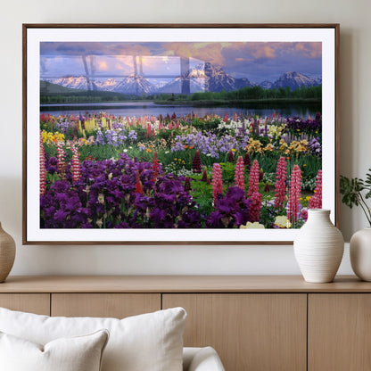 82270-MGV-CV-36X24-Colorful Wildflower Meadow Landscape Wall Art – Snow-Capped Mountain Lake Sunset Print, Vibrant Nature Artwork for Living Room,