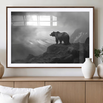 49504-MGV-CV-36X24-Black and White Grizzly Bear Wall Art – Wilderness Wildlife Painting, Rustic Mountain Cabin Decor, Monochrome Animal Print for